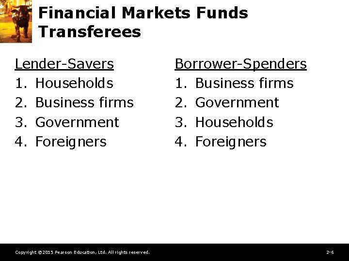 Financial Markets Funds Transferees Lender-Savers 1. Households 2. Business firms 3. Government 4. Foreigners