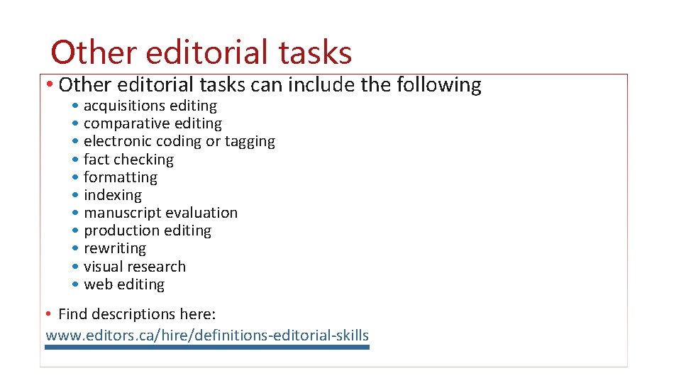 Other editorial tasks • Other editorial tasks can include the following • acquisitions editing