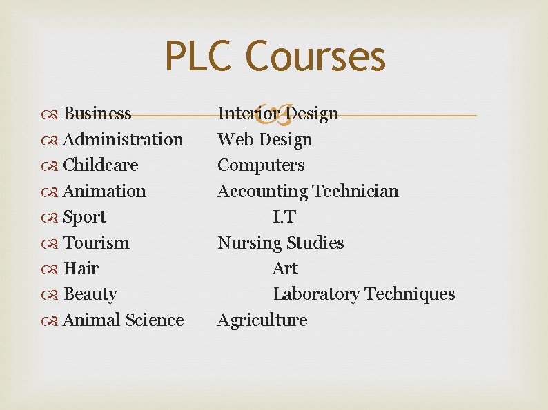 PLC Courses Business Interior Design Administration Web Design Childcare Animation Sport Tourism Hair Beauty