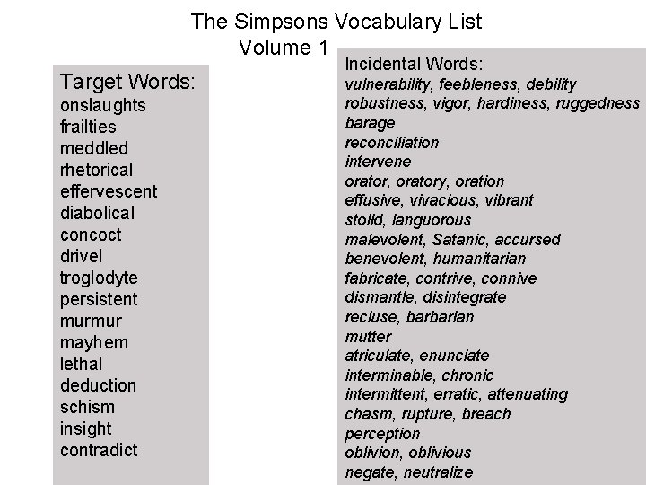 The Simpsons Vocabulary List Volume 1 Target Words: onslaughts frailties meddled rhetorical effervescent diabolical