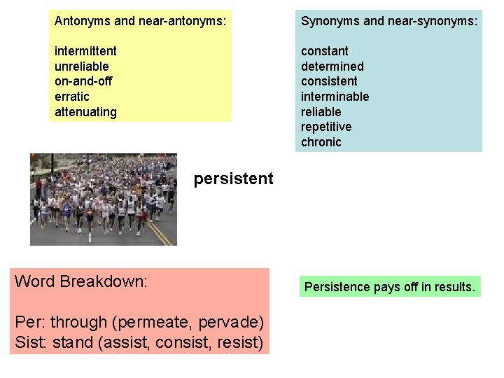 Antonyms and near-antonyms: Synonyms and near-synonyms: intermittent unreliable on-and-off erratic attenuating constant determined consistent