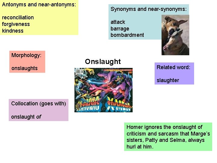 Antonyms and near-antonyms: reconciliation forgiveness kindness Morphology: onslaughts Synonyms and near-synonyms: attack barrage bombardment