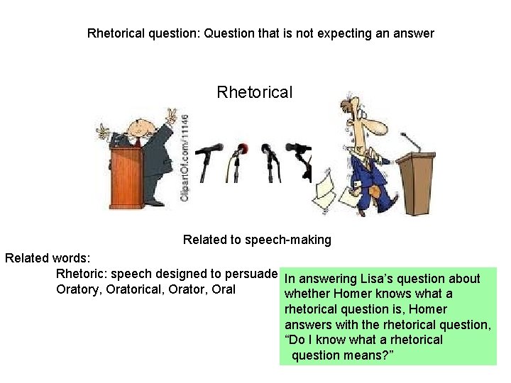 Rhetorical question: Question that is not expecting an answer Rhetorical Related to speech-making Related