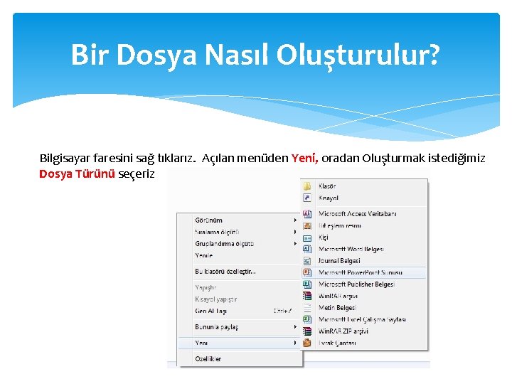 Bir Dosya Nasıl Oluşturulur? Bilgisayar faresini sağ tıklarız. Açılan menüden Yeni, oradan Oluşturmak istediğimiz