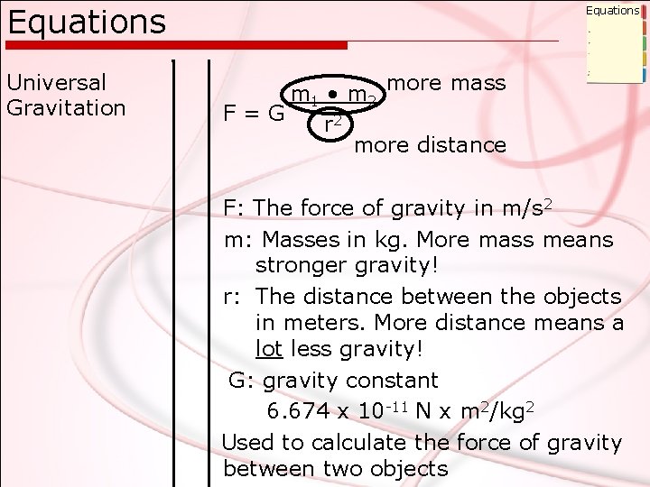 Equations Universal Gravitation Equations m 1 • m 2 more mass F=G r 2