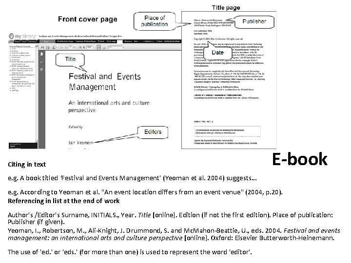 Citing in text E-book e. g. A book titled 'Festival and Events Management' (Yeoman