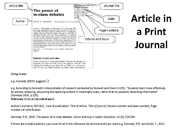 Article in a Print Journal Citing in text e. g. Kennedy (2009) suggests� e.