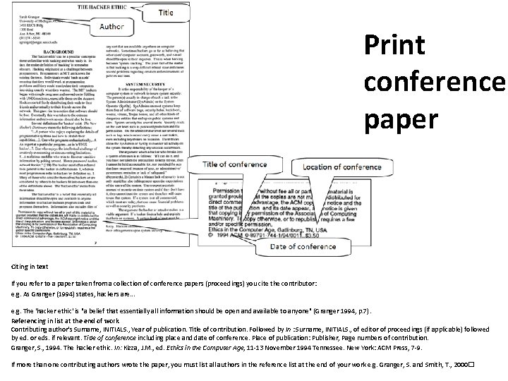 Print conference paper Citing in text If you refer to a paper taken from