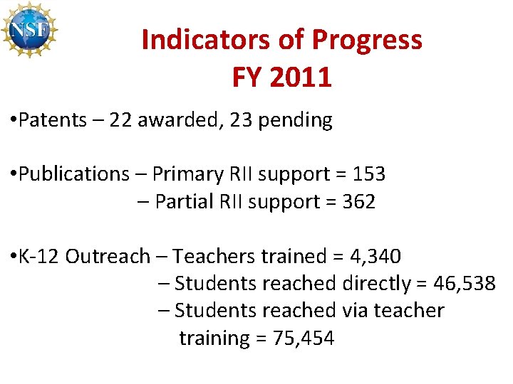 Indicators of Progress FY 2011 • Patents – 22 awarded, 23 pending • Publications