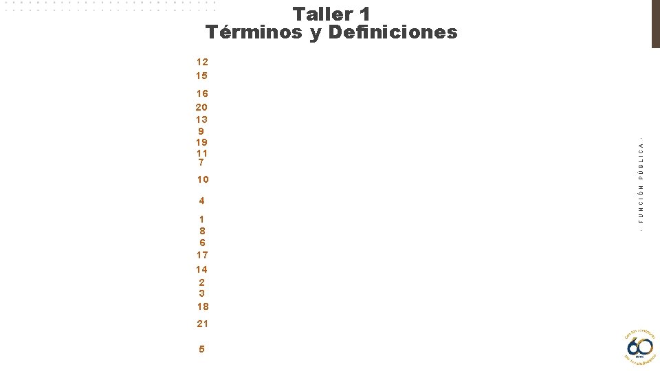 Taller 1 Términos y Definiciones 16 20 13 9 19 11 7 10 4