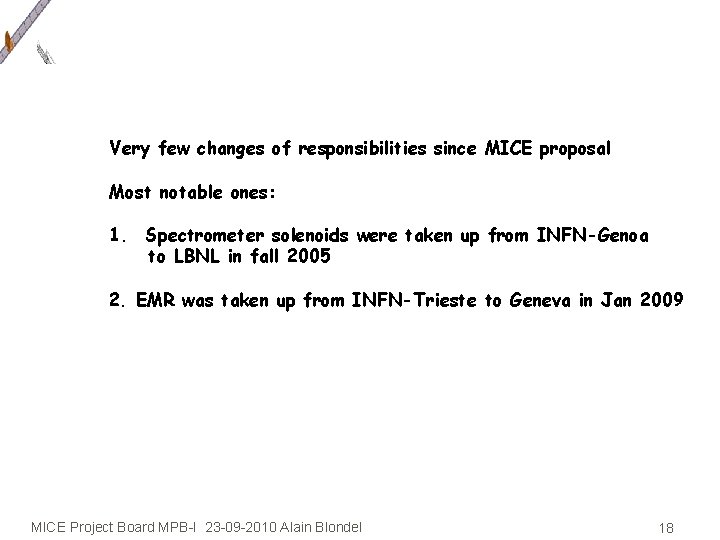 Very few changes of responsibilities since MICE proposal Most notable ones: 1. Spectrometer solenoids