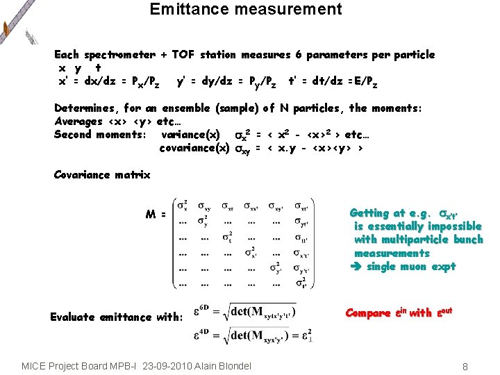 Emittance measurement Each spectrometer + TOF station measures 6 parameters per particle x y