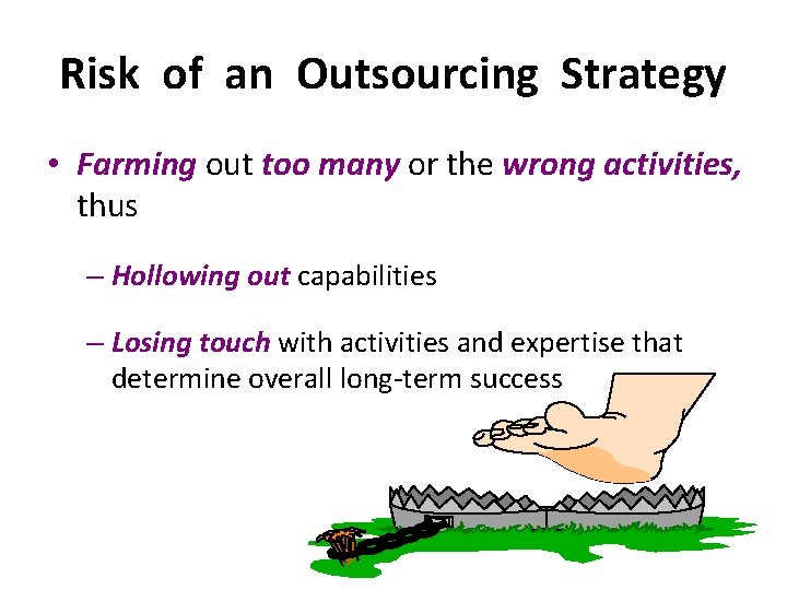 Risk of an Outsourcing Strategy • Farming out too many or the wrong activities, Risk of an Outsourcing Strategy • Farming out too many or the wrong activities,