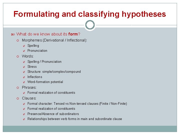 Formulating and classifying hypotheses What do we know about its form? Morphemes (Derivational /