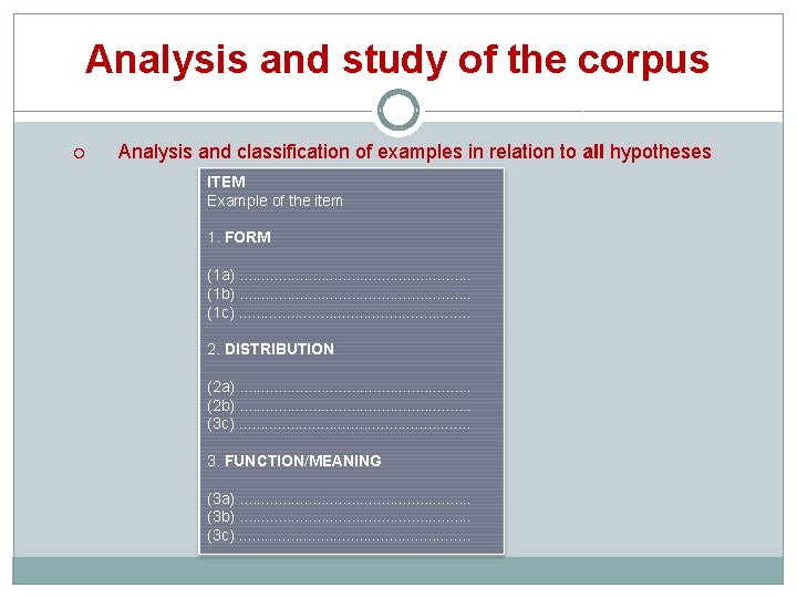 Analysis and study of the corpus Analysis and classification of examples in relation to