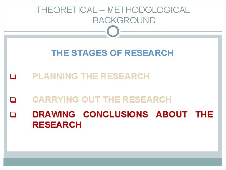 THEORETICAL – METHODOLOGICAL BACKGROUND THE STAGES OF RESEARCH q PLANNING THE RESEARCH q CARRYING