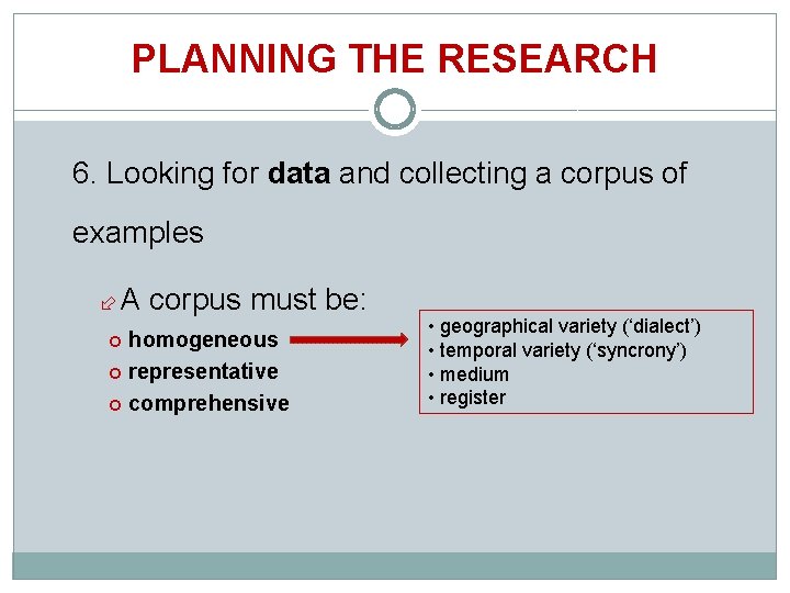 PLANNING THE RESEARCH 6. Looking for data and collecting a corpus of examples A