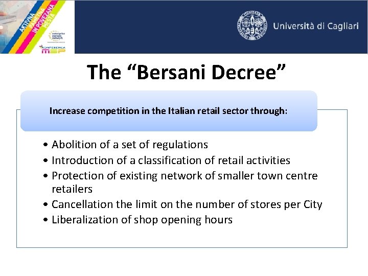 The “Bersani Decree” Increase competition in the Italian retail sector through: • Abolition of