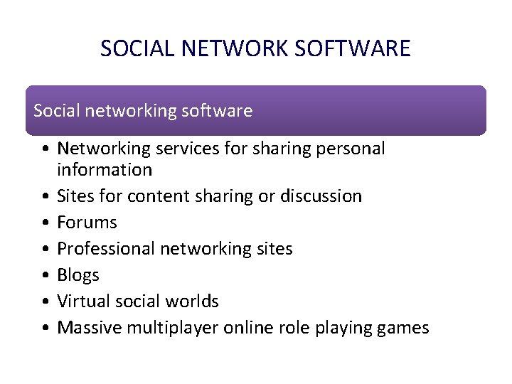 SOCIAL NETWORK SOFTWARE Social networking software • Networking services for sharing personal information •