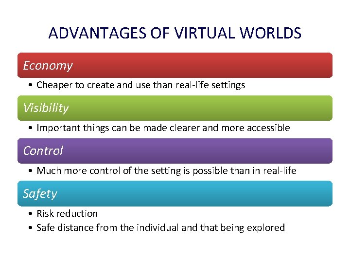 ADVANTAGES OF VIRTUAL WORLDS Economy • Cheaper to create and use than real-life settings