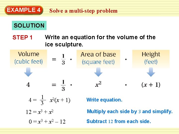 Warm-Up 4 Exercises EXAMPLE Solve a multi-step problem SOLUTION STEP 1 Write an equation