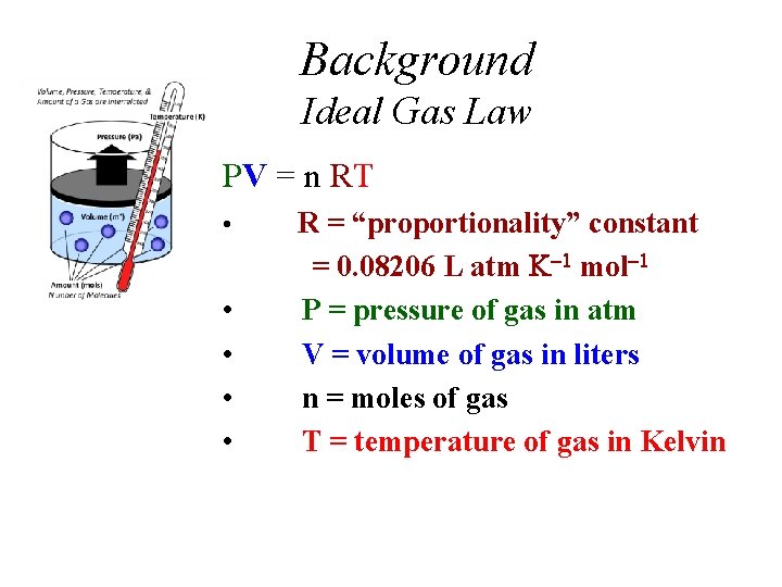 Background Ideal Gas Law PV = n RT • • • R = “proportionality”