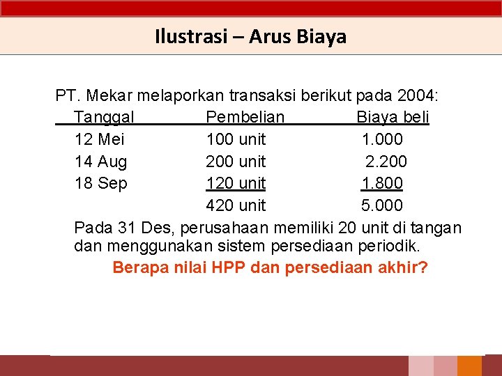 Ilustrasi – Arus Biaya PT. Mekar melaporkan transaksi berikut pada 2004: Tanggal Pembelian Biaya