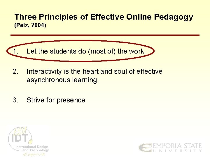 Three Principles of Effective Online Pedagogy (Pelz, 2004) 1. Let the students do (most