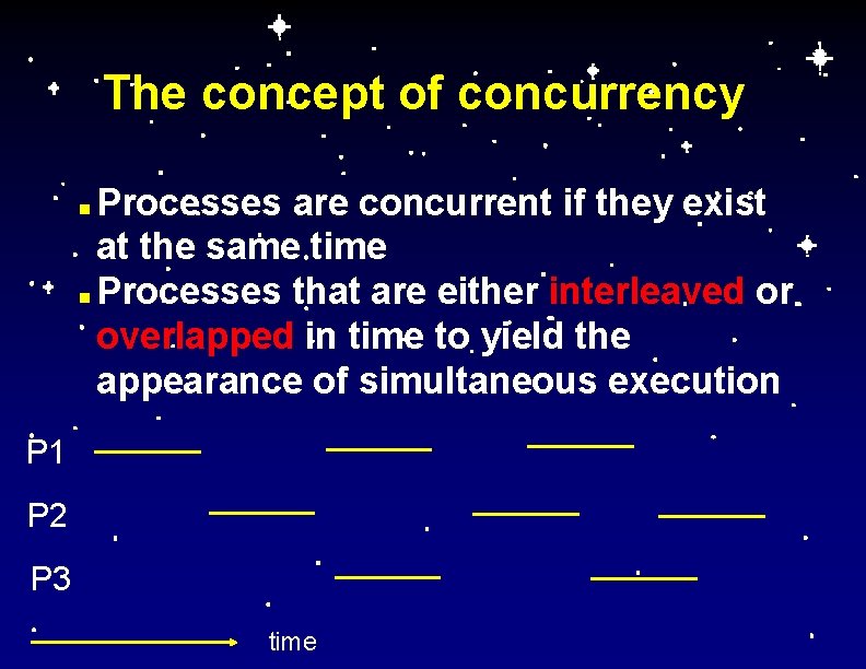 The concept of concurrency Processes are concurrent if they exist at the same time