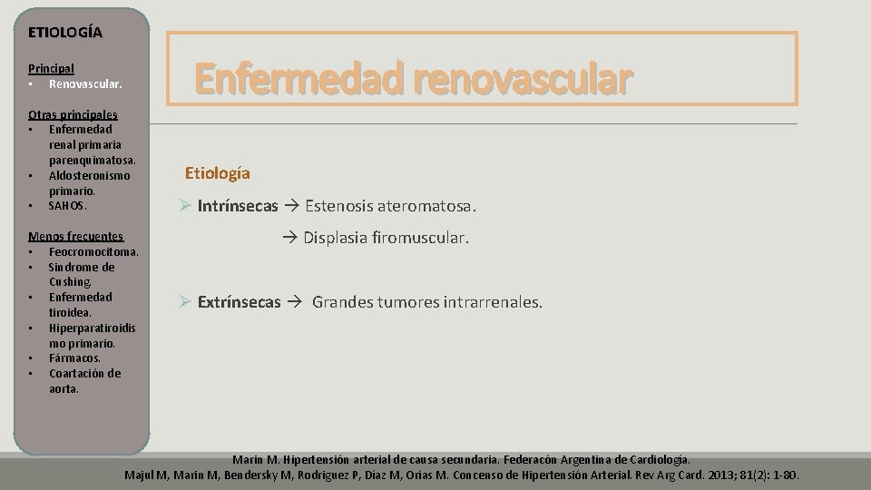 ETIOLOGÍA Enfermedad renovascular Principal • Renovascular. Otras principales • Enfermedad renal primaria parenquimatosa. • ETIOLOGÍA Enfermedad renovascular Principal • Renovascular. Otras principales • Enfermedad renal primaria parenquimatosa. •