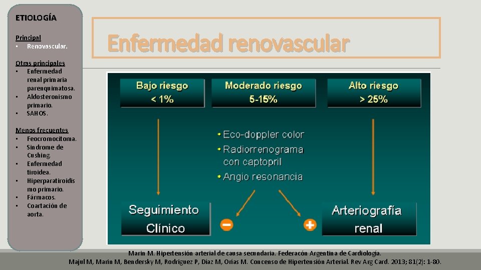 ETIOLOGÍA Principal • Renovascular. Enfermedad renovascular Otras principales • Enfermedad renal primaria parenquimatosa. • ETIOLOGÍA Principal • Renovascular. Enfermedad renovascular Otras principales • Enfermedad renal primaria parenquimatosa. •