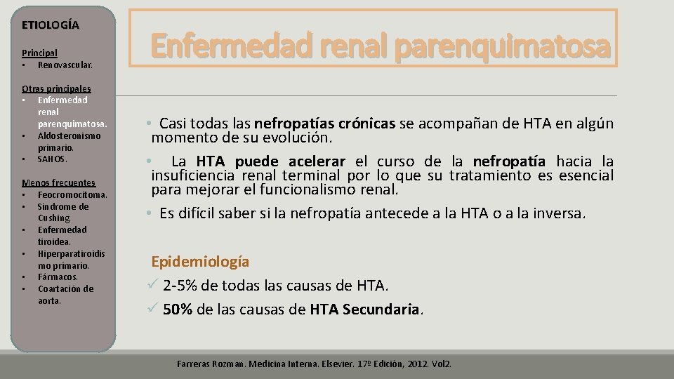 ETIOLOGÍA Principal • Renovascular. Otras principales • Enfermedad renal parenquimatosa. • Aldosteronismo primario. • ETIOLOGÍA Principal • Renovascular. Otras principales • Enfermedad renal parenquimatosa. • Aldosteronismo primario. •