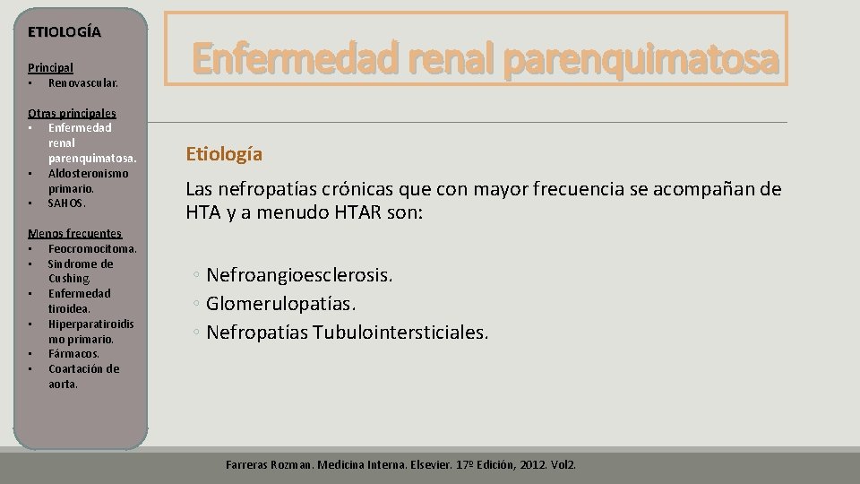 ETIOLOGÍA Principal • Renovascular. Otras principales • Enfermedad renal parenquimatosa. • Aldosteronismo primario. • ETIOLOGÍA Principal • Renovascular. Otras principales • Enfermedad renal parenquimatosa. • Aldosteronismo primario. •