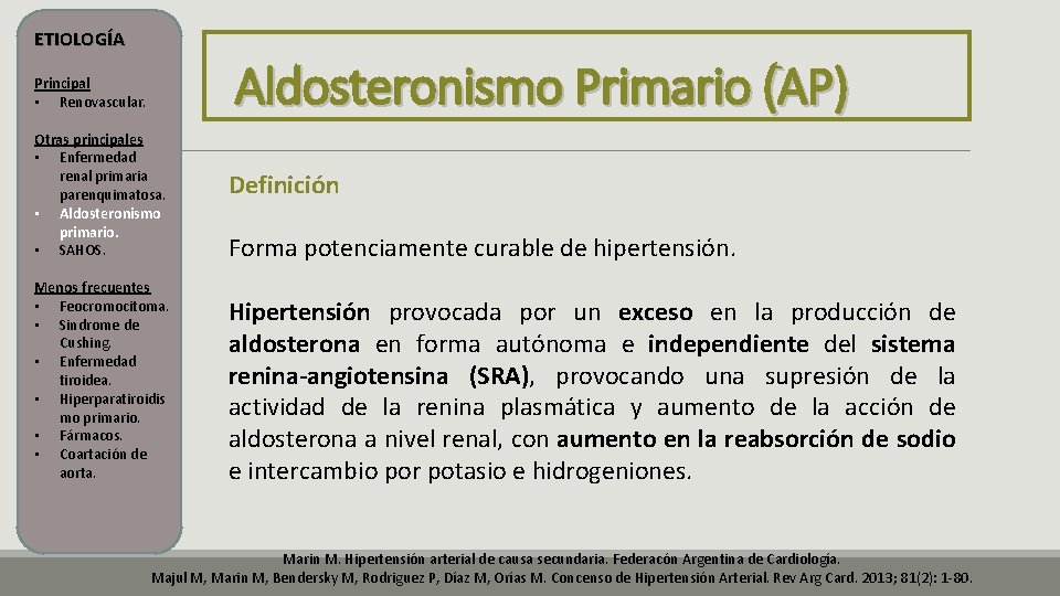 ETIOLOGÍA Aldosteronismo Primario (AP) Principal • Renovascular. Otras principales • Enfermedad renal primaria parenquimatosa. ETIOLOGÍA Aldosteronismo Primario (AP) Principal • Renovascular. Otras principales • Enfermedad renal primaria parenquimatosa.
