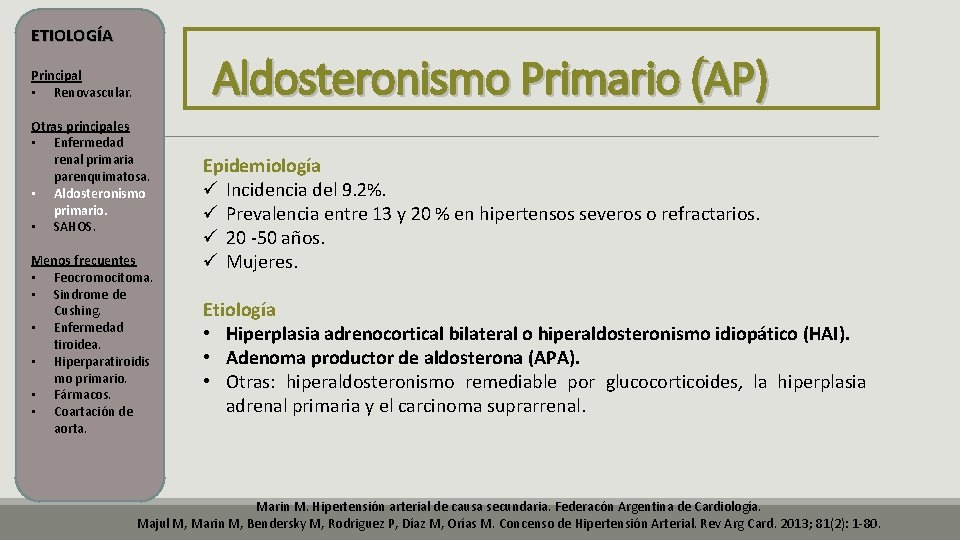 ETIOLOGÍA Aldosteronismo Primario (AP) Principal • Renovascular. Otras principales • Enfermedad renal primaria parenquimatosa. ETIOLOGÍA Aldosteronismo Primario (AP) Principal • Renovascular. Otras principales • Enfermedad renal primaria parenquimatosa.