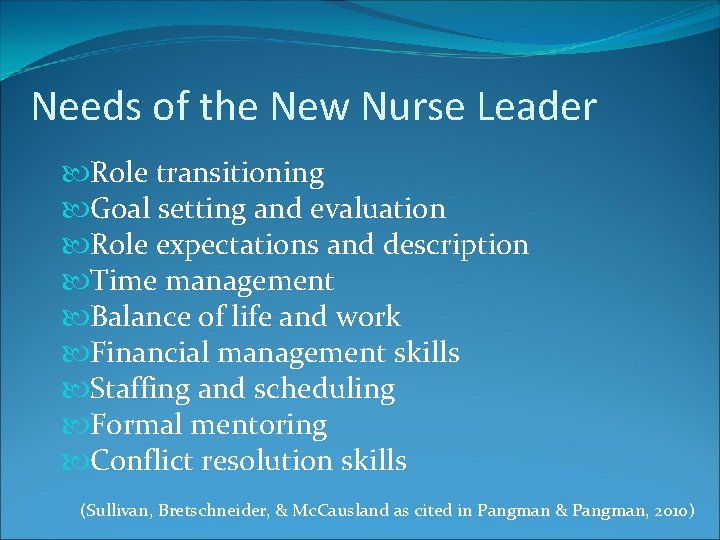 Needs of the New Nurse Leader Role transitioning Goal setting and evaluation Role expectations