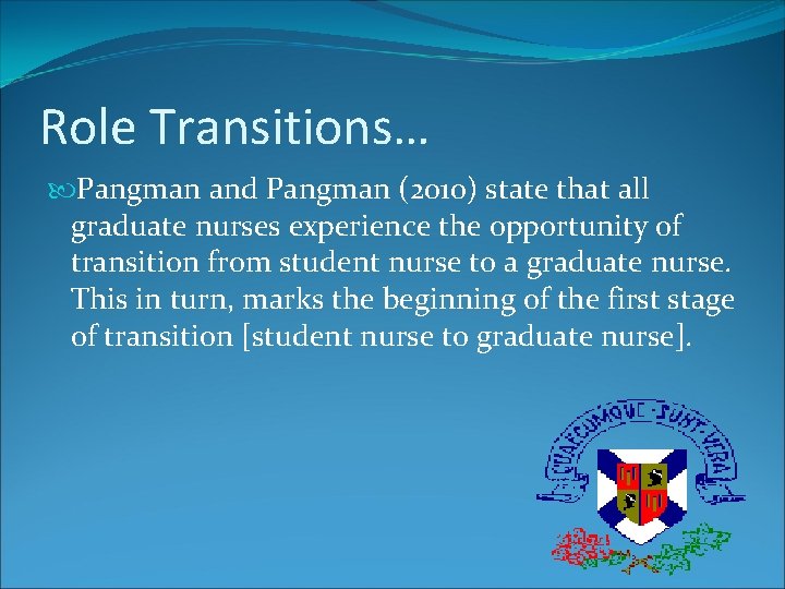 Role Transitions… Pangman and Pangman (2010) state that all graduate nurses experience the opportunity