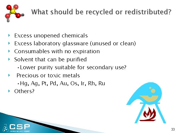 What should be recycled or redistributed? ‣ ‣ ‣ Excess unopened chemicals Excess laboratory