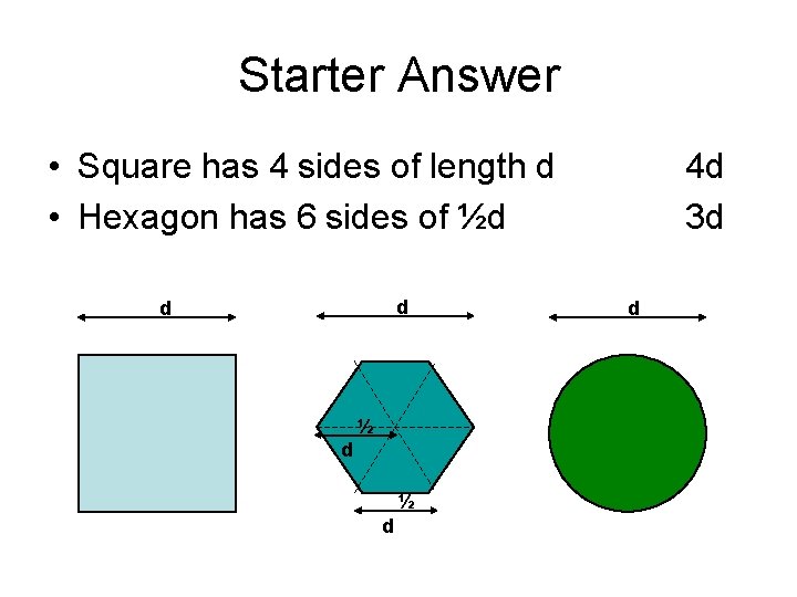 Starter Answer • Square has 4 sides of length d • Hexagon has 6