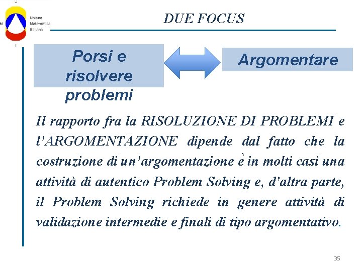 DUE FOCUS Porsi e risolvere problemi Argomentare Il rapporto fra la RISOLUZIONE DI PROBLEMI