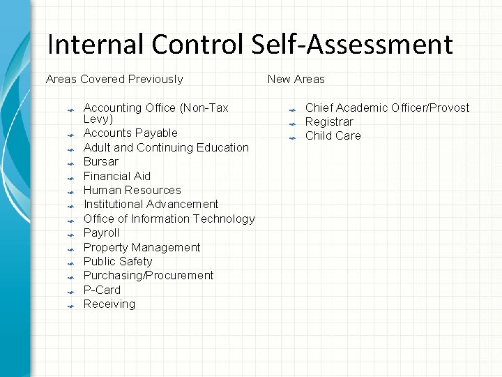 Internal Control Self-Assessment Areas Covered Previously Accounting Office (Non-Tax Levy) Accounts Payable Adult and