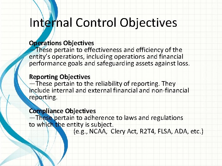 Internal Control Objectives Operations Objectives —These pertain to effectiveness and efficiency of the entity’s