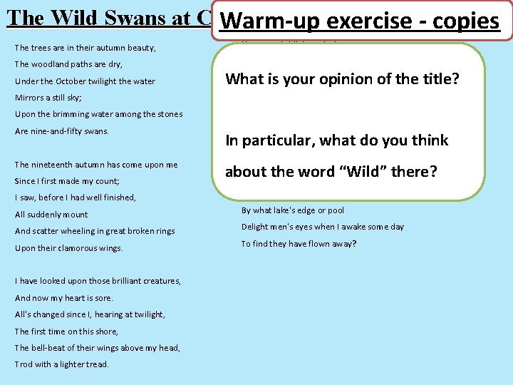 The Wild Swans at Coole by W. B. Yeats Warm-up exercise - copies The