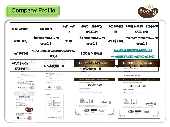 Company Profile Company Phone E-MAIL Certifi cate Sunny C. E. O 82 -53 -759