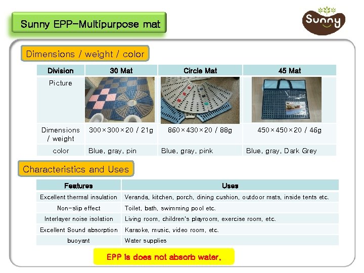 Sunny EPP-Multipurpose mat Dimensions / weight / color Division 30 Mat Circle Mat 45