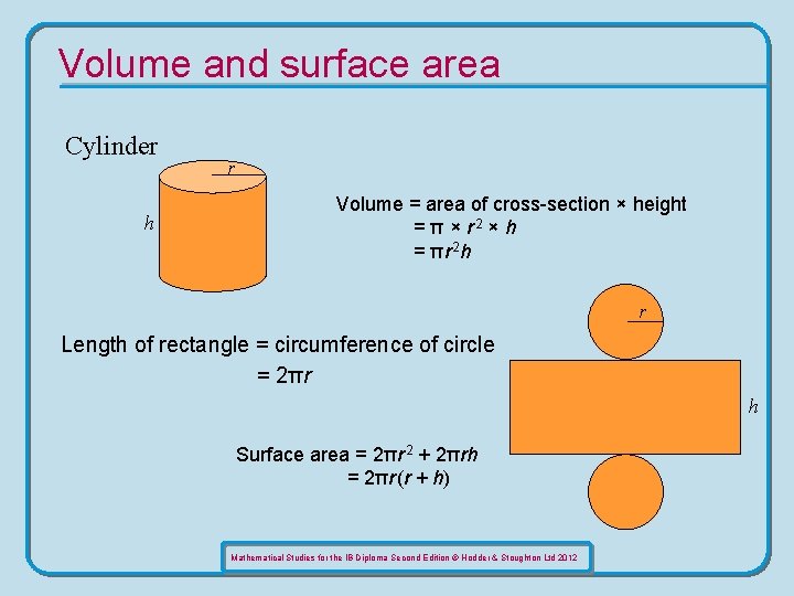 Volume and surface area Cylinder h r Volume = area of cross-section × height