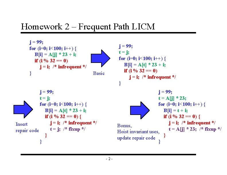 Homework 2 – Frequent Path LICM j = 99; for (i=0; i<100; i++) {