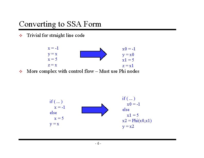 Converting to SSA Form v Trivial for straight line code x = -1 y=x