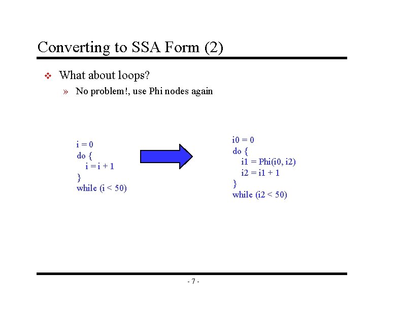 Converting to SSA Form (2) v What about loops? » No problem!, use Phi