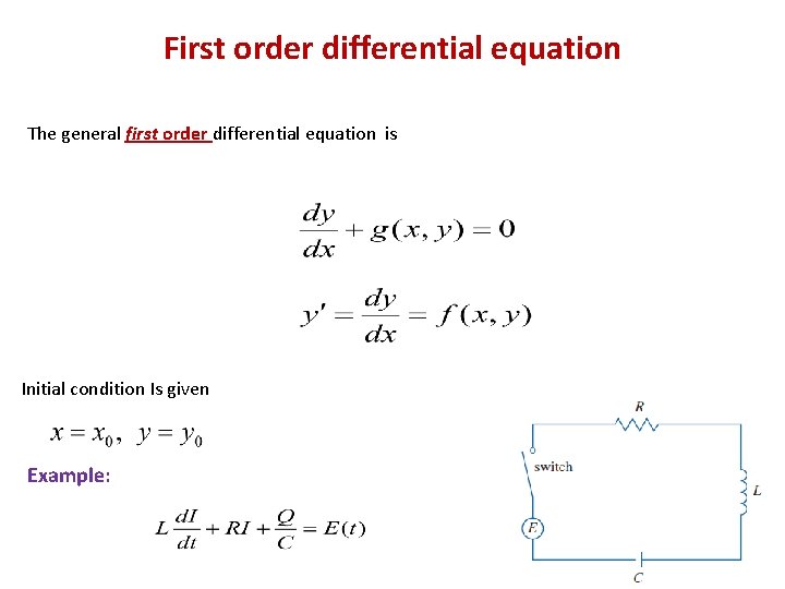 First order differential equation The general first order differential equation is Initial condition Is